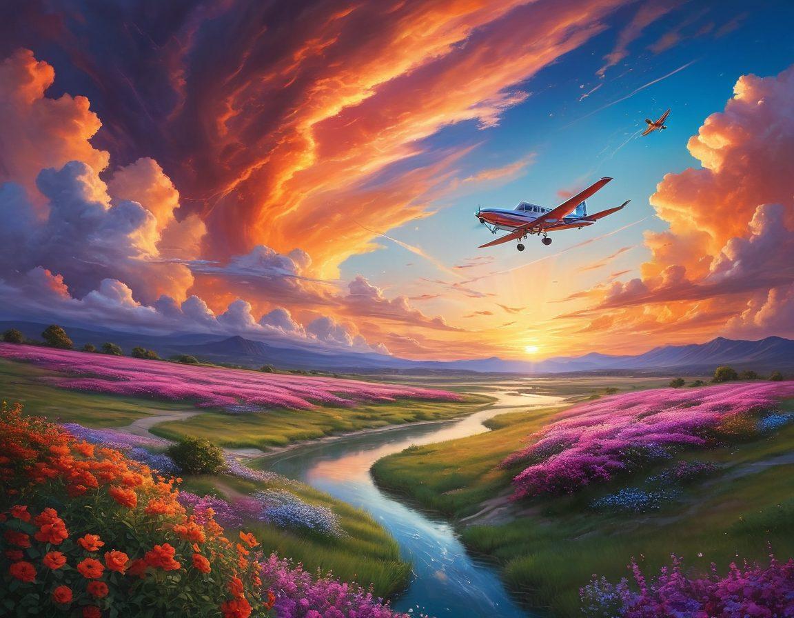A breathtaking aerial view of a colorful sunset sky filled with vibrant clouds, where a small airplane is soaring gracefully, leaving a trail of sparkles behind. Below, a serene landscape with meandering rivers and blooming flowers symbolizes devotion and passion. The scene encapsulates a feeling of freedom and adventure, inviting the viewer to embrace their dreams. super-realistic. vibrant colors. painting.