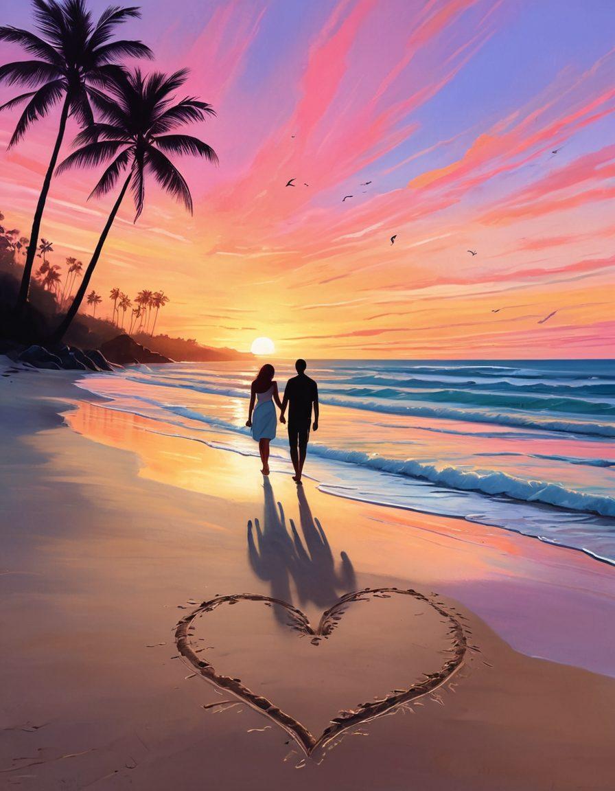 A romantic sunset over a tranquil beach, where two silhouettes of couples are walking hand in hand along the shore, surrounded by palm trees and soft waves. Soft pastel colors fill the sky, and the atmosphere is serene, evoking feelings of love and adventure. A heart-shaped sand drawing is in the foreground, symbolizing affectionate souls on a getaway. digital painting. vibrant colors. warm ambiance.