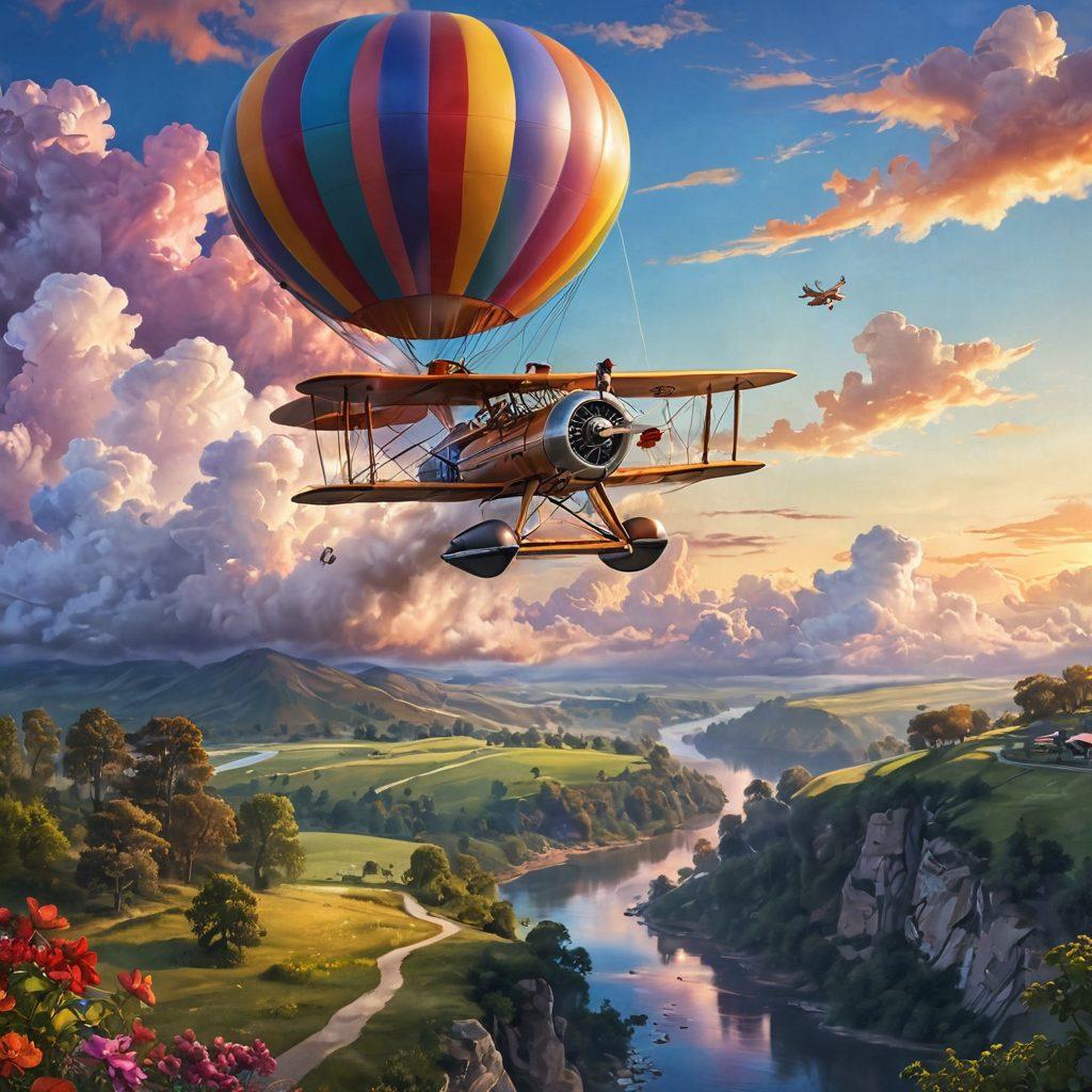 A whimsical scene depicting a couple joyfully flying in a vintage biplane, surrounded by fluffy white clouds and colorful hearts floating in the air. The sky transitions from day to dusk, symbolizing adventure and romance, with a radiant sunset illuminating their faces. Below, a breathtaking landscape of rolling hills and a winding river can be seen, adding to the dreamy atmosphere. vibrant colors. super-realistic.